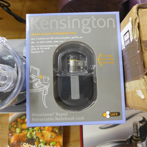 2309 - Slow cooker, lever-arch corkscrew, mini chopper, Kensington notebook lock and canape plates