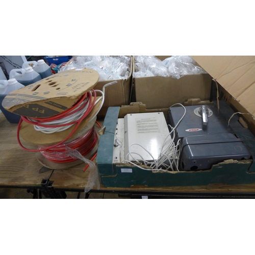 2346 - 2 Rolls of Prysmian fire cable, 2 mains electricity isolator boxes and an alarm/security panel box