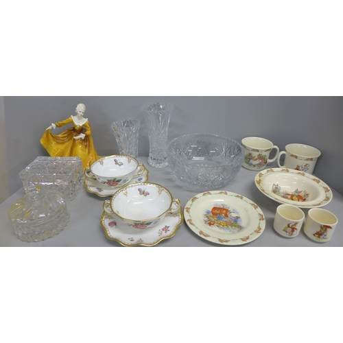 1104 - Two Royal Crown Derby Derby Days soup dishes and saucers, seconds, Royal Doulton Bunnykins, (6 items... 