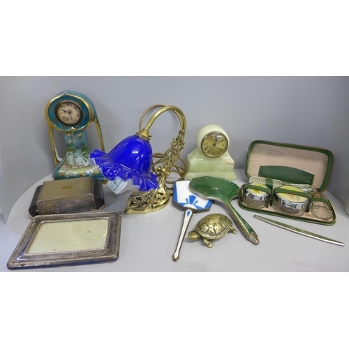 1110 - Lady's vanity sets, clocks, a lamp, fire irons, etc. **PLEASE NOTE THIS LOT IS NOT ELIGIBLE FOR POST... 