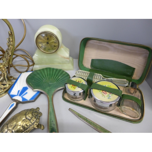 1110 - Lady's vanity sets, clocks, a lamp, fire irons, etc. **PLEASE NOTE THIS LOT IS NOT ELIGIBLE FOR POST... 