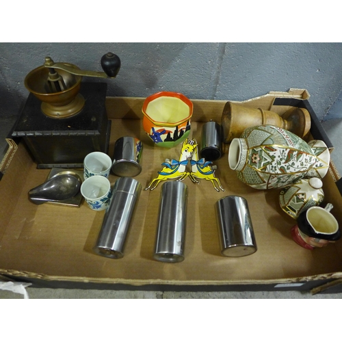 1113 - A Clarice Cliff applique pot, a Mason's vase, a pestle and mortar, coffee grinder, etc. **PLEASE NOT... 