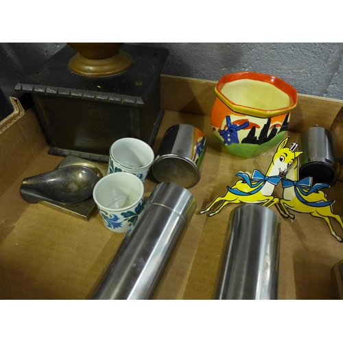 1113 - A Clarice Cliff applique pot, a Mason's vase, a pestle and mortar, coffee grinder, etc. **PLEASE NOT... 