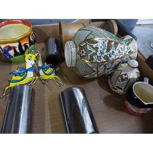 1113 - A Clarice Cliff applique pot, a Mason's vase, a pestle and mortar, coffee grinder, etc. **PLEASE NOT... 