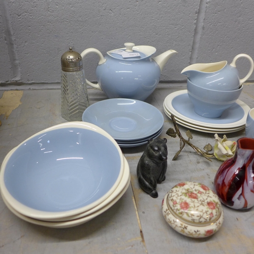 1118 - Wedgwood Summer Sky teaware, (tea pot a/f), a glass jug, a trinket pot, a carved bear, etc. **PLEASE... 