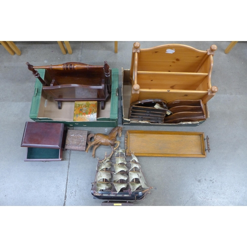 1120 - Two boxes of wooden items; decorative items, magazine racks, etc. **PLEASE NOTE THIS LOT IS NOT ELIG... 