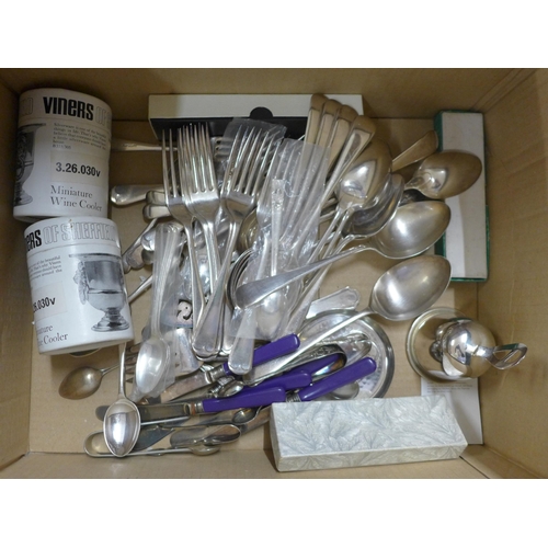 1130 - A collection of silver plated items, including Viners and a large tray, and a collection of souvenir... 