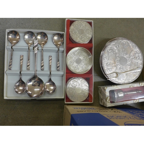 1130 - A collection of silver plated items, including Viners and a large tray, and a collection of souvenir... 