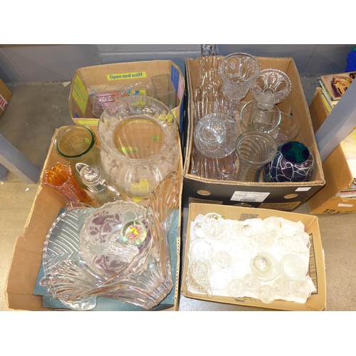 1143 - Four boxes of mixed glassware including cut glass, lead crystal, claret jug, vases, decanter, carniv... 