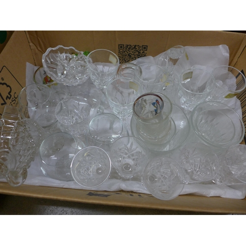 1143 - Four boxes of mixed glassware including cut glass, lead crystal, claret jug, vases, decanter, carniv... 