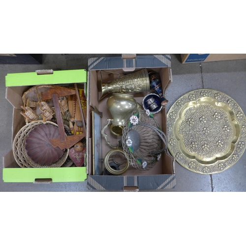 1152 - Two boxes of brassware, wicker ware and plated ware **PLEASE NOTE THIS LOT IS NOT ELIGIBLE FOR POSTI... 