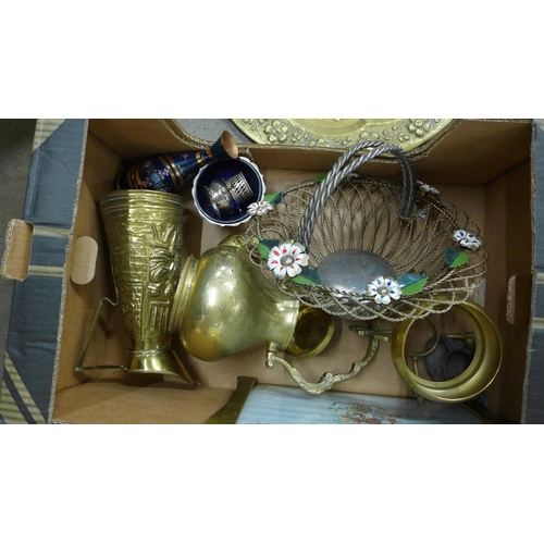 1152 - Two boxes of brassware, wicker ware and plated ware **PLEASE NOTE THIS LOT IS NOT ELIGIBLE FOR POSTI... 