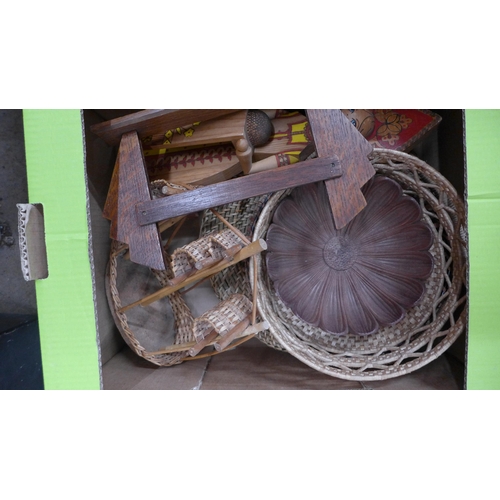 1152 - Two boxes of brassware, wicker ware and plated ware **PLEASE NOTE THIS LOT IS NOT ELIGIBLE FOR POSTI... 