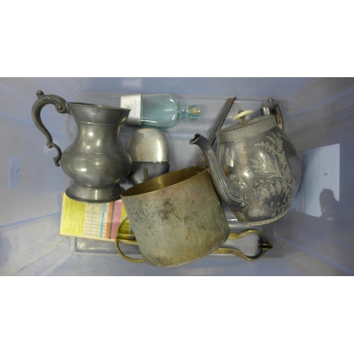 1154 - A hip flask, a pewter tankard, a jam pan, a plated and mother of pearl teapot, etc. **PLEASE NOTE TH... 