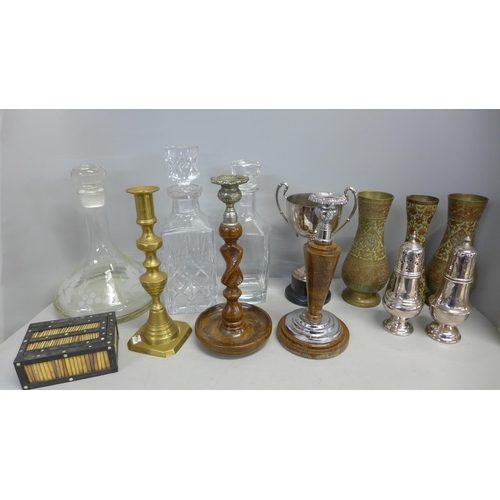 1156 - Three glass decanters, plated items, barleytwist candlesticks, brass candlesticks, etc. **PLEASE NOT... 