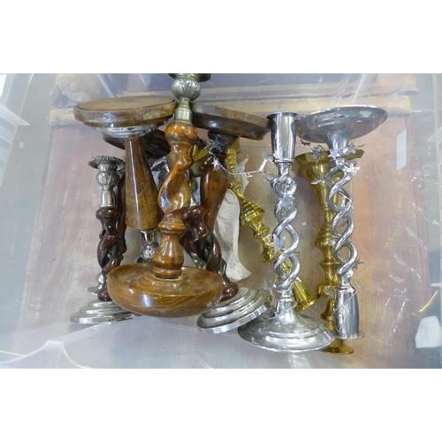 1156 - Three glass decanters, plated items, barleytwist candlesticks, brass candlesticks, etc. **PLEASE NOT... 