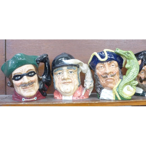 603 - Six Royal Doulton character jugs; Dick Turpin, Gone Away, Capt Hook, Guy Fawkes, Mine Host and Robin... 