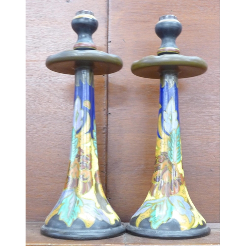 606 - A pair of Gouda, Holland candlesticks, 38cm, a/f