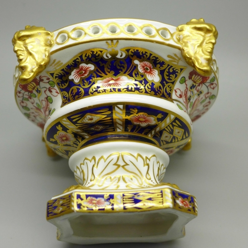 614 - A Royal Crown Derby Imari pot pourri footed bowl on lions paw feet, with classical faces, 93mm