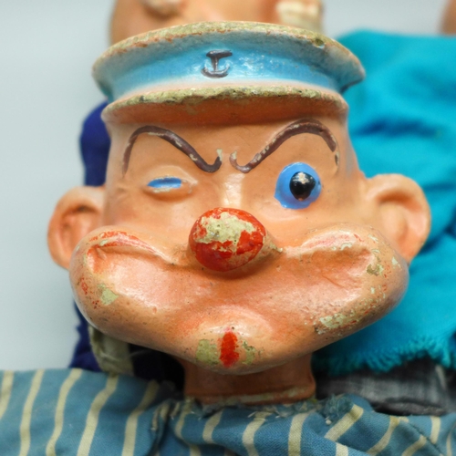 615 - Three glove puppets/dolls including Popeye