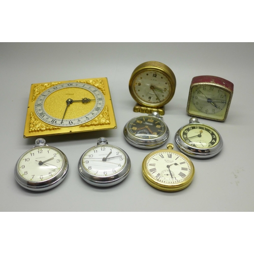 Five pocket watches two miniature clocks including Junghans and a