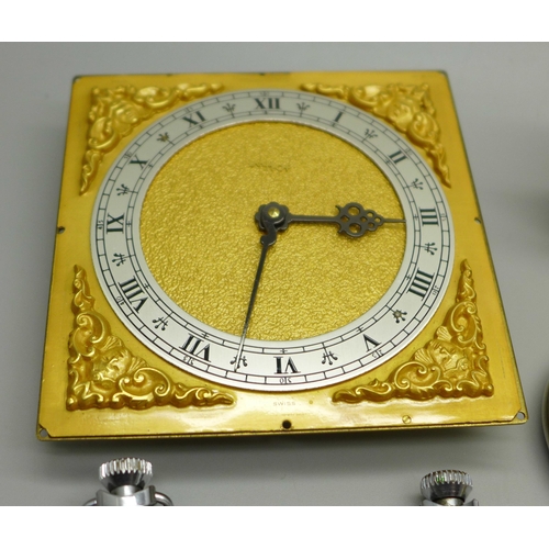 627 - Five pocket watches, two miniature clocks including Junghans and a Swiss Imhof clock movement