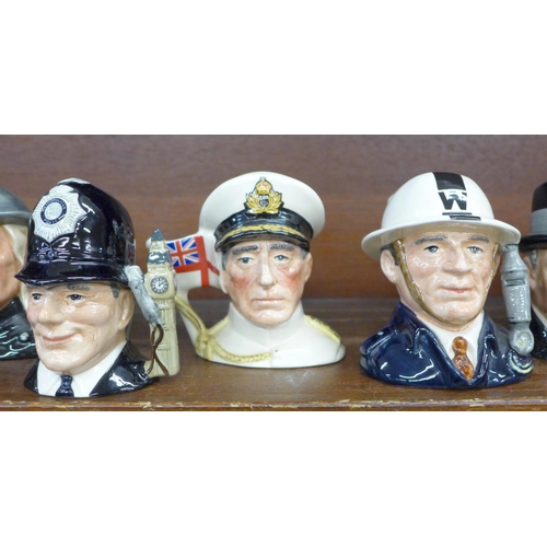 628 - Eight Royal Doulton character jugs, military and police themed, including ARP Warden, Home Guard and... 