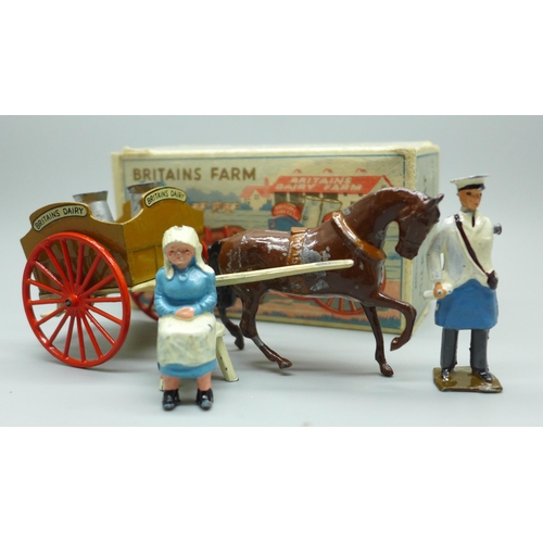 648 - A W Britain horse-drawn milk float with milkman and two churns, milkman a/f, boxed