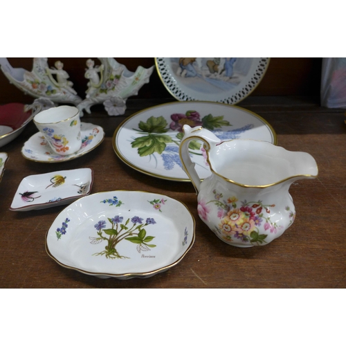 655 - A pair of Victorian spill holders, one repaired, a Minton cup and saucer, a Derby Posies cream jug, ... 