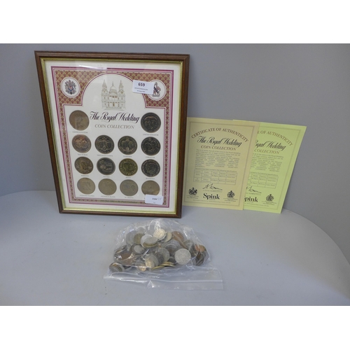 659 - A 1981 Royal Wedding coin collection with Certificates of Authenticity, four crowns and a bag of mix... 