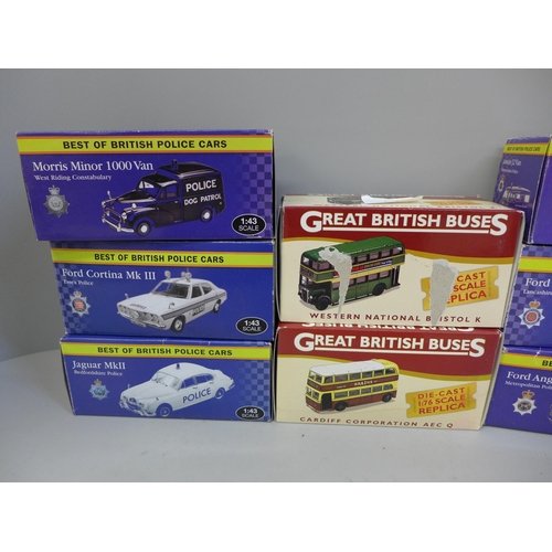 666 - Three Atlas Editions 1:76 scale replica model buses, boxed and seven Best of British Police cars, bo... 