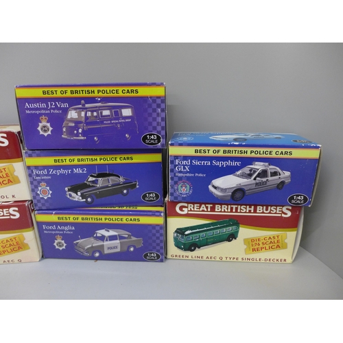 666 - Three Atlas Editions 1:76 scale replica model buses, boxed and seven Best of British Police cars, bo... 