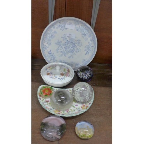 694 - A Stilton dish, a Minton dish, a Wedgwood pot and six paperweights