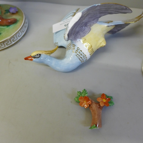 705 - A Dresden figure and a Royal Crown Derby bird figure group, a/f, Kingfisher, etc.