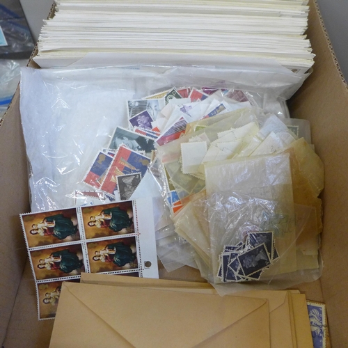 722 - Stamps; a box of GB stamps, covers, etc.