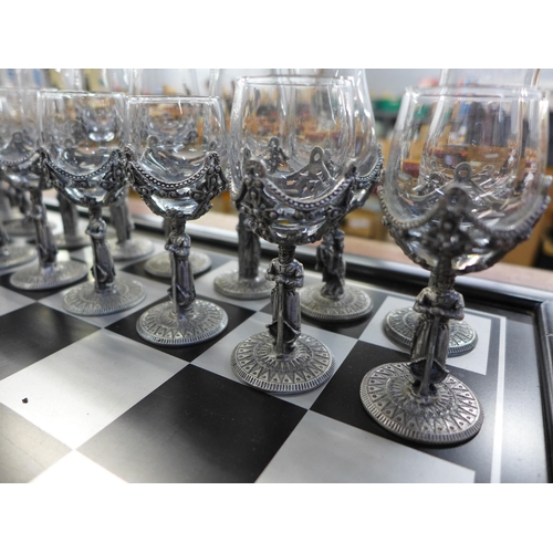 728 - A drinking chess set, two glasses a/f