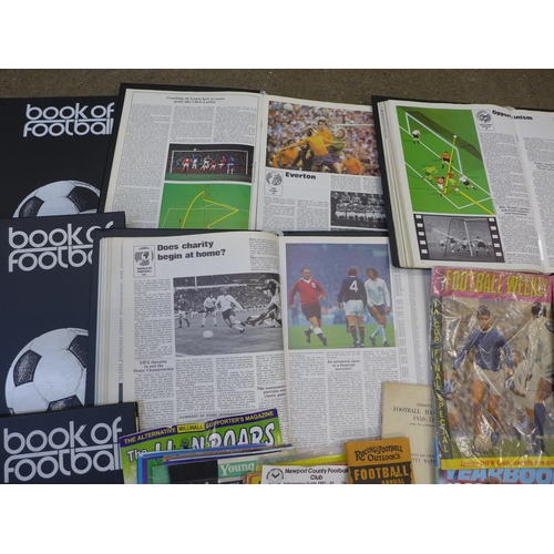 745 - Football memorabilia; a box of football ephemera including bound issues of Raich Carters Soccer Star... 