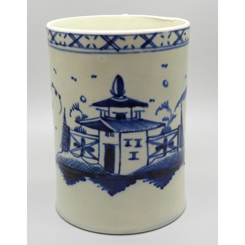 750 - An 18th Century pearlware mug or tankard, with underglaze blue Chinese chinoiserie decoration