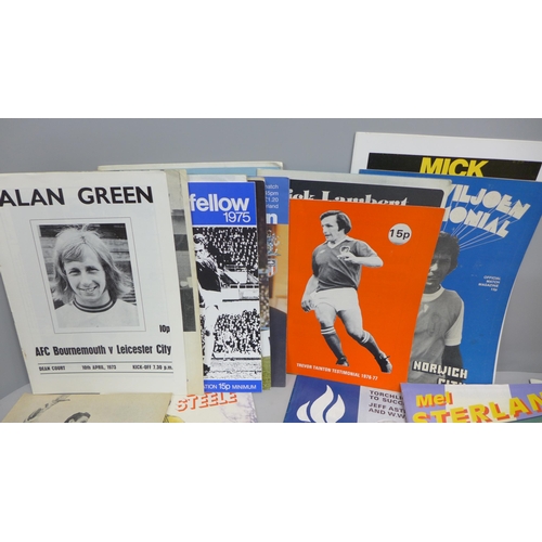 758 - Football memorabilia; 35 football programmes for testimonial matches, 1957 onwards