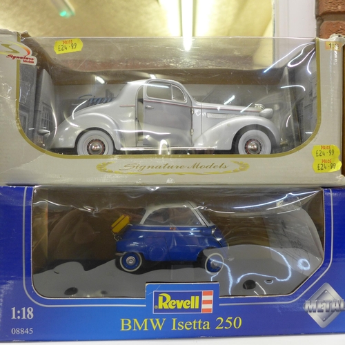 775 - Four 1/18th scale model vehicles; Revell BMW Isetta, Signature Pontiac, Maisto 2006 Dodge Challenger... 