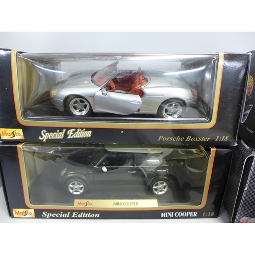 790A - Five 1/18th scale model vehicles, Maisto Porsche Boxsley Hot Wheels Porsche 911, Maisto Mini Cooper ... 