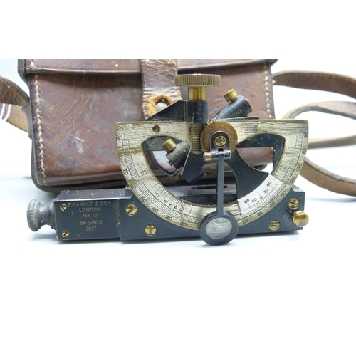 836 - An antique clinometer, Barker & Son, London, Mk.IV, No. 6003, 1917, in a leather case marked Jacob's... 