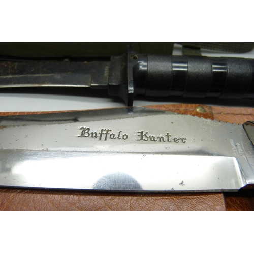 837 - Three hunting knives, one by William Rodgers and one marked Buffalo Hunter