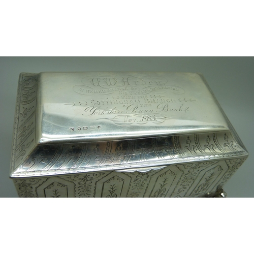 838 - A Victorian silver casket jewellery box, Birmingham 1883, with inscription, total weight 523g, 15cm ... 