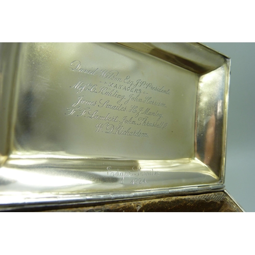 838 - A Victorian silver casket jewellery box, Birmingham 1883, with inscription, total weight 523g, 15cm ... 