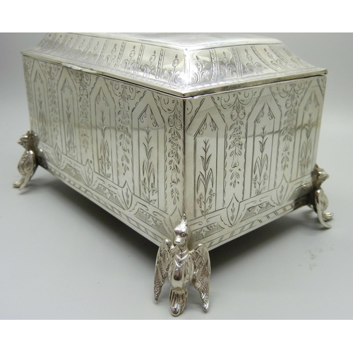 838 - A Victorian silver casket jewellery box, Birmingham 1883, with inscription, total weight 523g, 15cm ... 