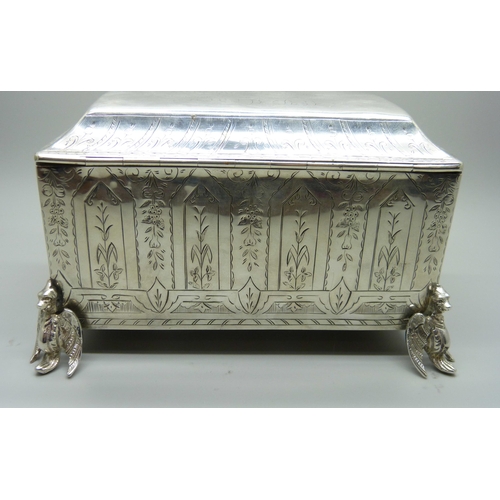 838 - A Victorian silver casket jewellery box, Birmingham 1883, with inscription, total weight 523g, 15cm ... 