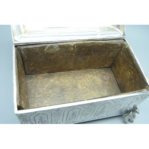 838 - A Victorian silver casket jewellery box, Birmingham 1883, with inscription, total weight 523g, 15cm ... 