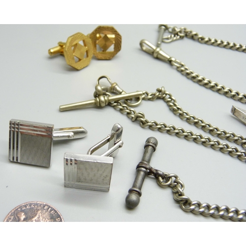 861 - Two pairs of silver cufflinks, other cufflinks, a silver bracelet and three Albert chains