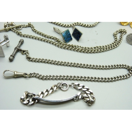 861 - Two pairs of silver cufflinks, other cufflinks, a silver bracelet and three Albert chains